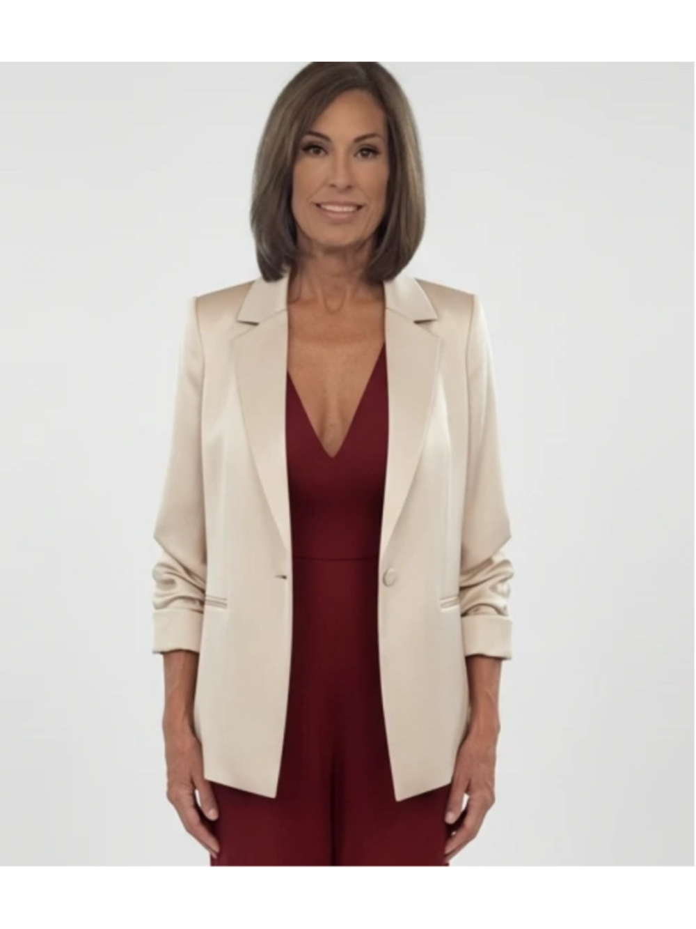 Alice + Olivia Pailey Champagne Satin Ruched Sleeve Blazer Size 6